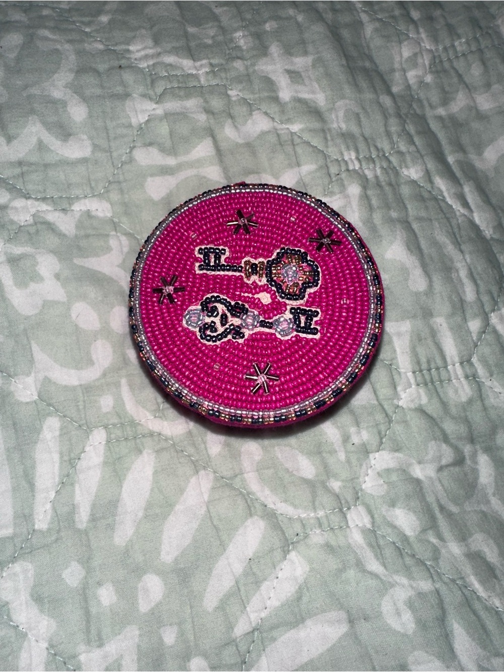 Anthropologie Pink Beaded jewelry box with Key Motif
